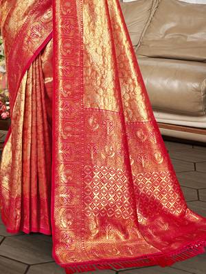 Sangam prints red with golden kanjivaram silk woven work traditional saree 3