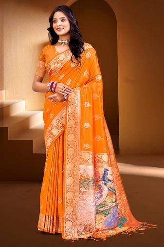 Sangam prints orange silk with digital pallu woven work traditional saree