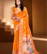 Sangam prints orange silk with digital pallu woven work traditional saree