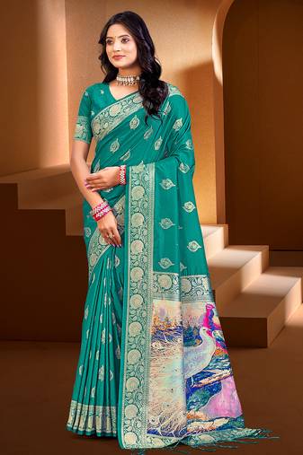 Sangam prints teal green silk with digital pallu woven work traditional saree