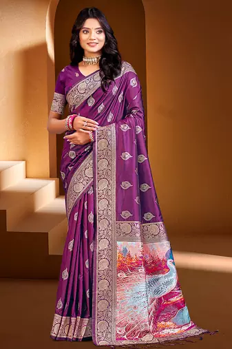 Sangam prints dark wine silk with digital pallu woven work traditional saree