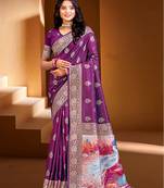 Sangam prints dark wine silk with digital pallu woven work traditional saree