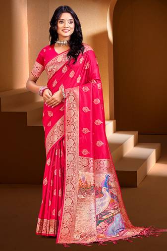 Sangam prints rani pink silk with digital pallu woven work traditional saree