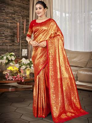 Sangam prints crimson red kanjivaram silk woven work traditional saree 1