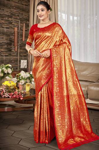 Sangam prints crimson red kanjivaram silk woven work traditional saree