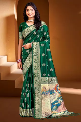 Sangam prints dark green silk with digital pallu woven work traditional saree