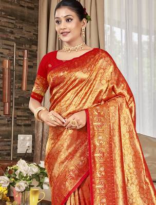 Sangam prints crimson red kanjivaram silk woven work traditional saree 2
