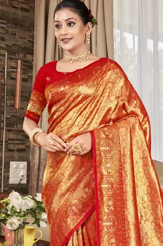 Sangam prints crimson red kanjivaram silk woven work traditional saree