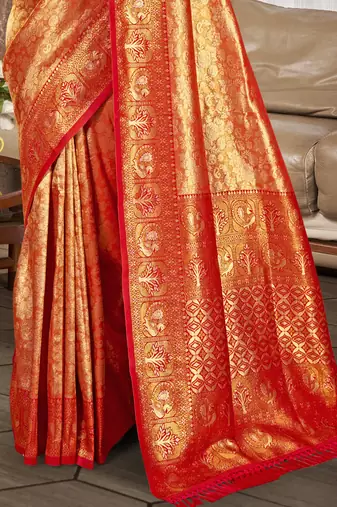 Sangam prints crimson red kanjivaram silk woven work traditional saree