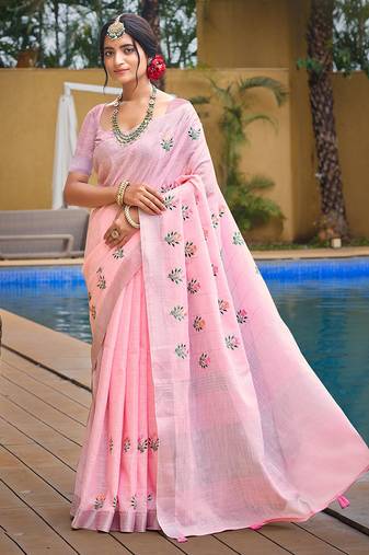 Sangam prints light pink linen woven work traditional saree