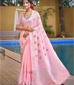 Sangam prints light pink linen woven work traditional saree