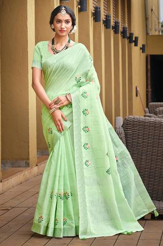 Sangam prints sea green linen woven work traditional saree