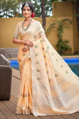 Sangam prints beige linen woven work traditional saree
