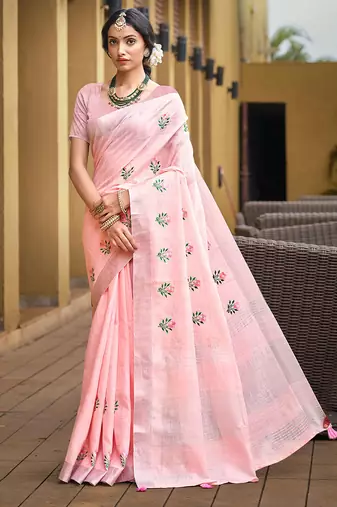 Sangam prints light pink linen woven work traditional saree