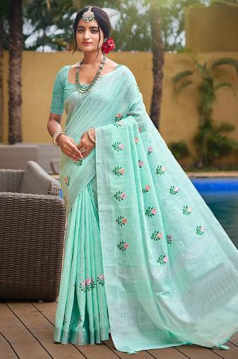Sangam prints sea green linen woven work traditional saree