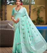 Sangam prints sea green linen woven work traditional saree