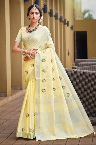 Sangam prints light yellow linen woven work traditional saree