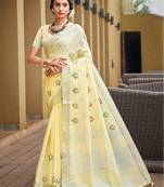 Sangam prints light yellow linen woven work traditional saree