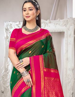 Sangam prints green silk woven work traditional saree 2