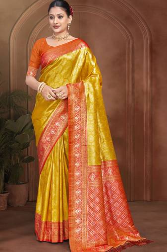 Sangam prints marigold yellow kanjivaram silk woven work traditional saree