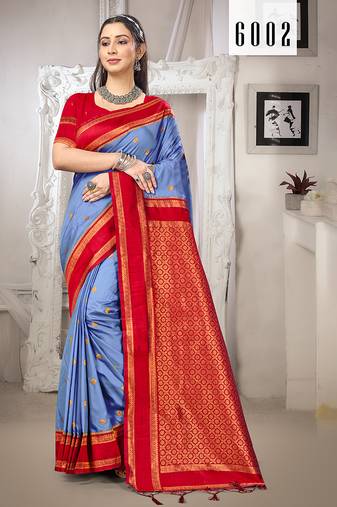 Sangam prints blue silk woven work traditional saree