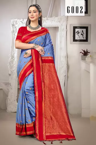 Sangam prints blue silk woven work traditional saree