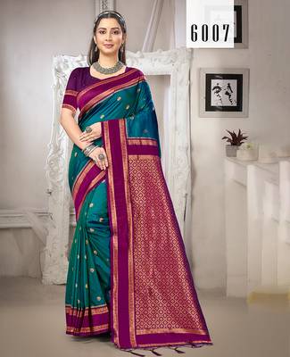 Sangam prints teal blue silk woven work traditional saree 1