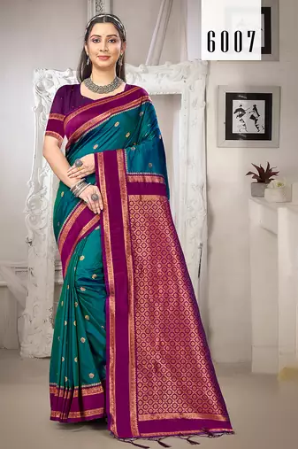 Sangam prints teal blue silk woven work traditional saree