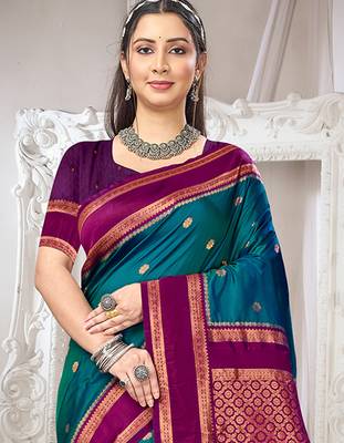 Sangam prints teal blue silk woven work traditional saree 2