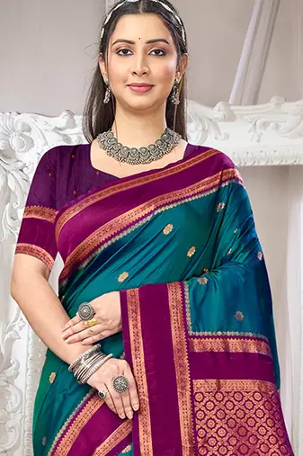 Sangam prints teal blue silk woven work traditional saree
