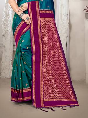 Sangam prints teal blue silk woven work traditional saree 3