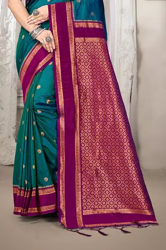 Sangam prints teal blue silk woven work traditional saree