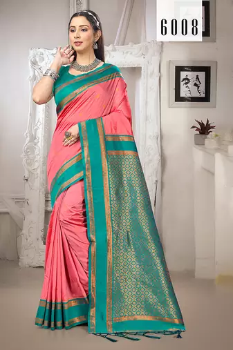 Sangam prints dark peach silk woven work traditional saree