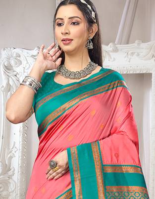 Sangam prints dark peach silk woven work traditional saree 2