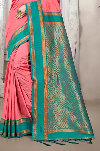 Sangam prints dark peach silk woven work traditional saree