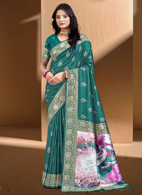 Sangam prints teal green.   silk with digital pallu woven work traditional saree 1