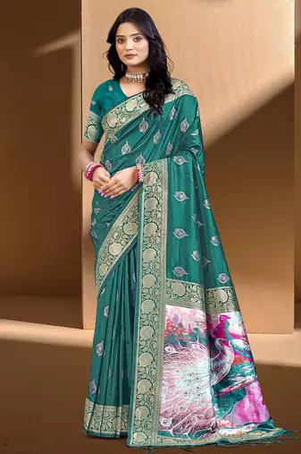 Sangam prints teal green.   silk with digital pallu woven work traditional saree