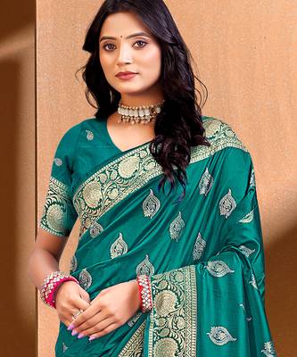 Sangam prints teal green.   silk with digital pallu woven work traditional saree 2