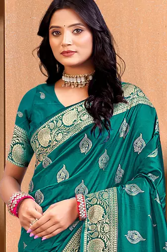Sangam prints teal green.   silk with digital pallu woven work traditional saree