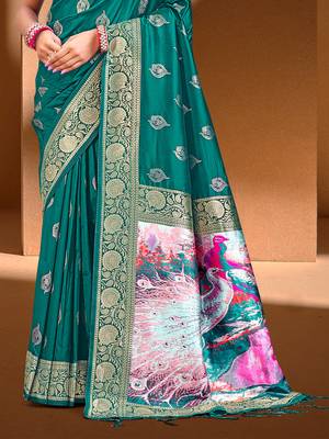 Sangam prints teal green.   silk with digital pallu woven work traditional saree 3