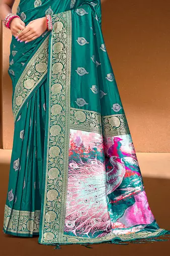Sangam prints teal green.   silk with digital pallu woven work traditional saree