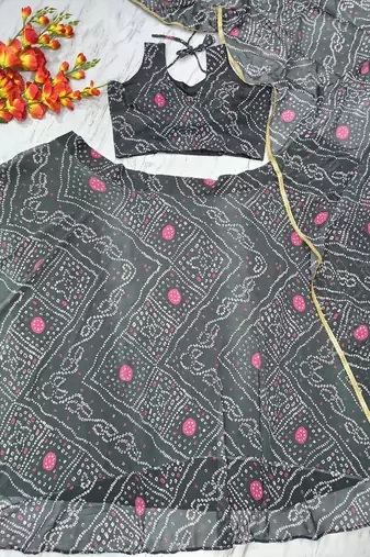 Black Color Bandhej Printed Work Georgette Lehenga Choli