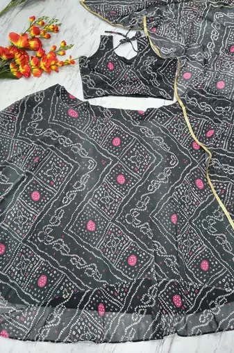 Black Color Bandhej Printed Work Georgette Lehenga Choli