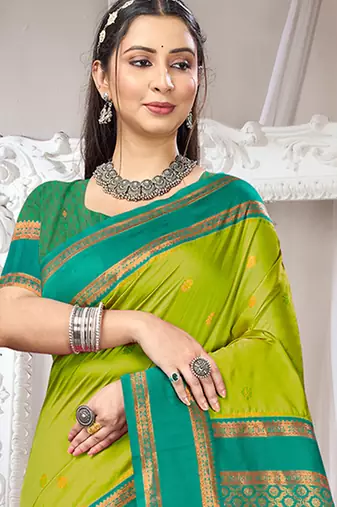Sangam prints olive green silk woven work traditional saree