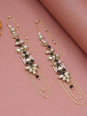 Black & gold kundan pearl earrings with ear chain 2