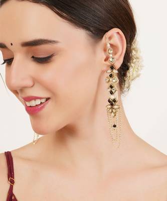 Black & gold kundan pearl earrings with ear chain 3