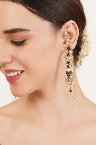 Black & gold kundan pearl earrings with ear chain