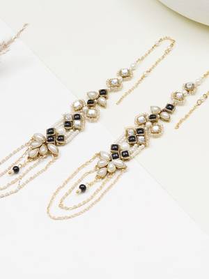 Black & gold kundan pearl earrings with ear chain 4