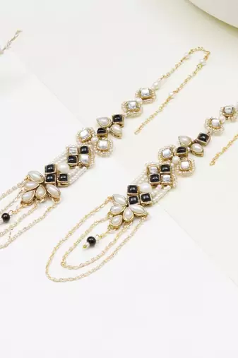 Black & gold kundan pearl earrings with ear chain