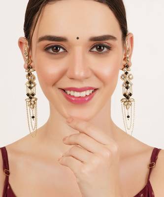 Black & gold kundan pearl earrings with ear chain 1